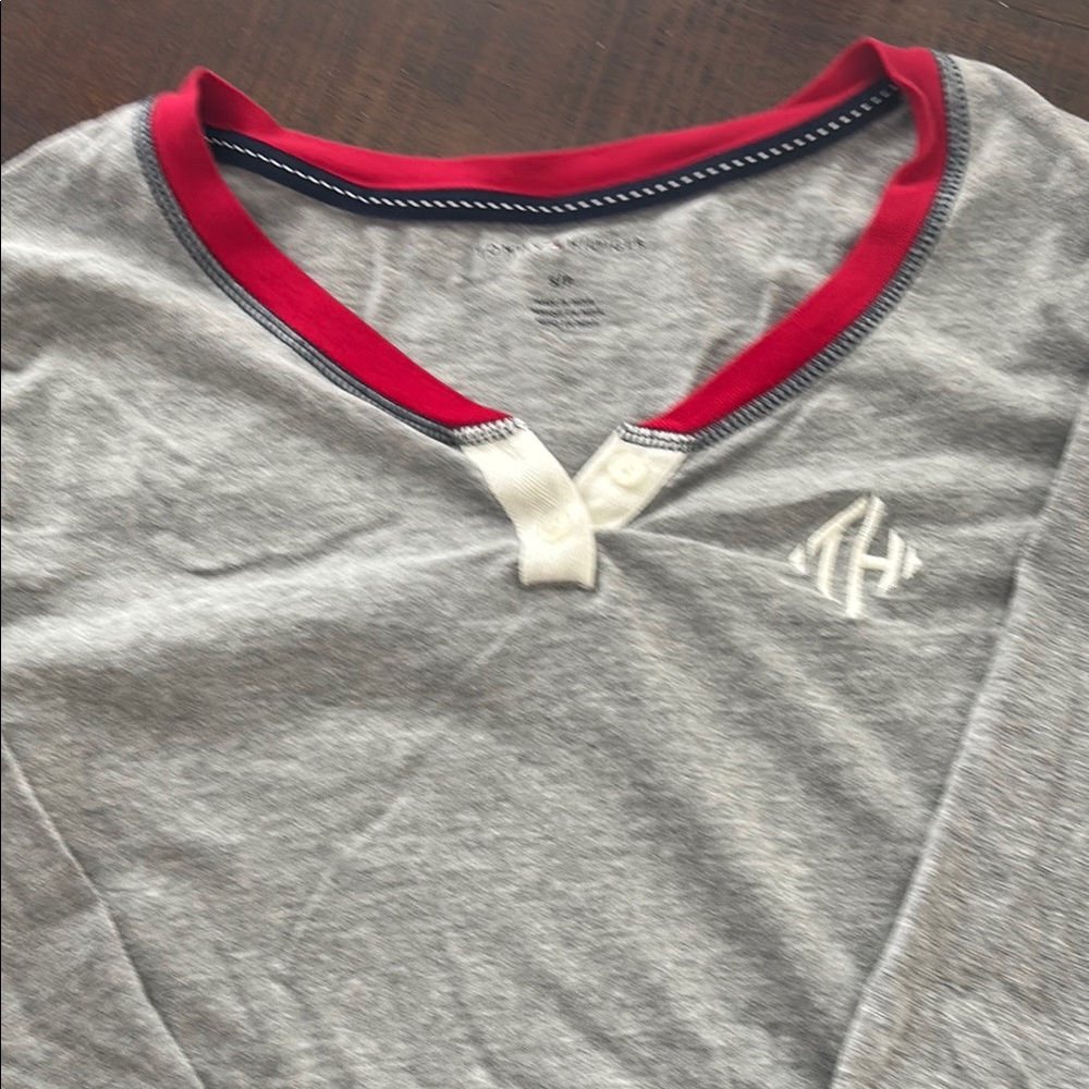 Tommy Hilfiger Gray and Red Long Sleeve Tee with V-Neck